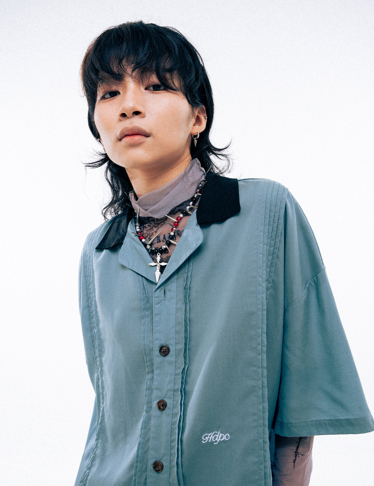 PLEATED BOWLING SHIRT SKY BLUE